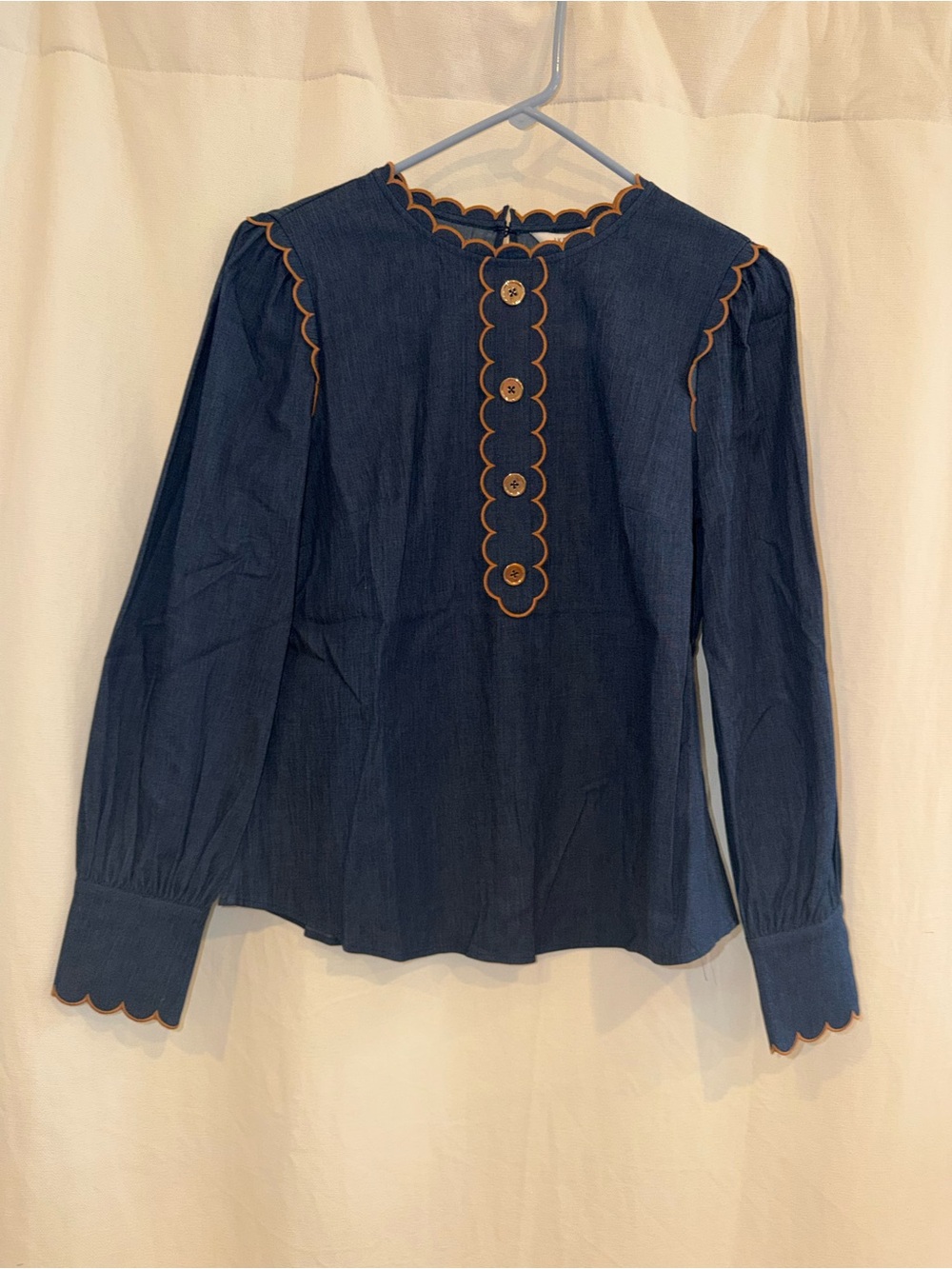 LK Bennett Navy Long-Sleeve Blouse with Contrasting Scallop Trim